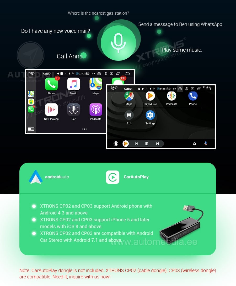 2 DIN apple carplay android auto XTRONS pbx seeria multimeedia keskus android autonavi dvd gps soitin naviradio