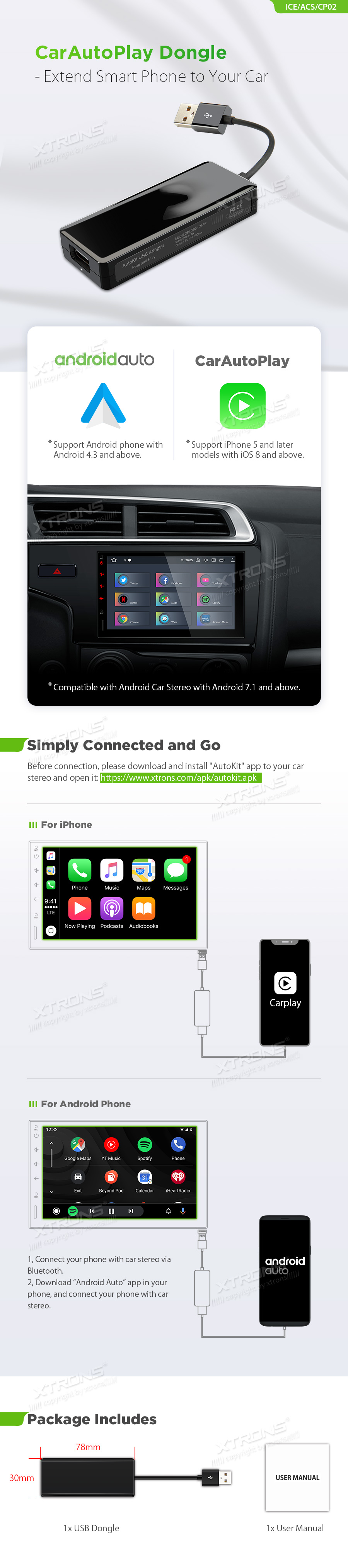 Apple CarPlay (juhtmega)/Android Auto (juhtmega) adapter android multimeediakeskusele 
