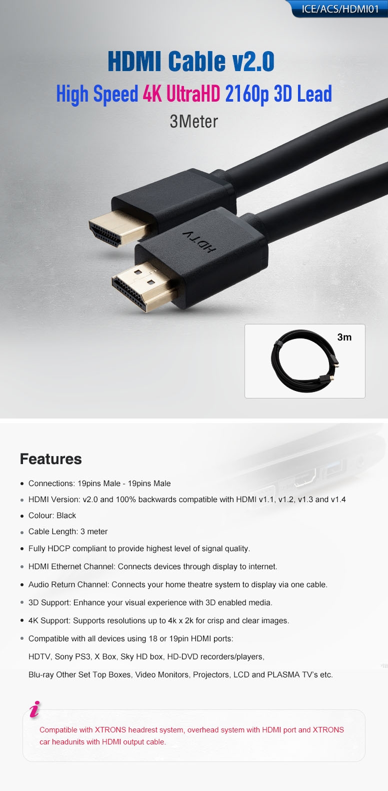 3m High Speed 4K UltraHD 2160p 3D Lead HDMI Cable V2.0
