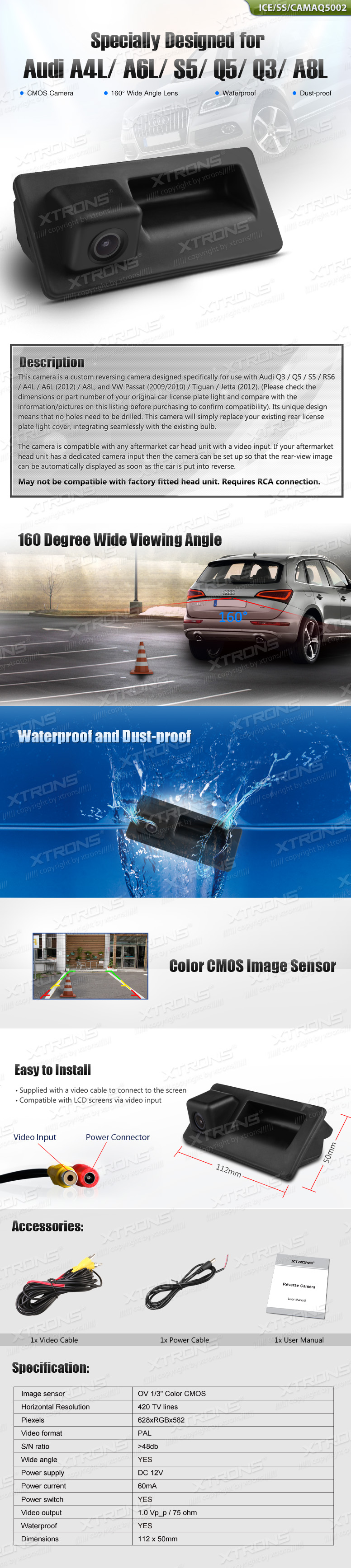 Audi Q5/Q3/Volkwagen Passat (2009-2010)/Tiguan/Jetta, RCA liitmikuga Xtrons tagurdus / parkimiskaamera multimeedia naviraadiole