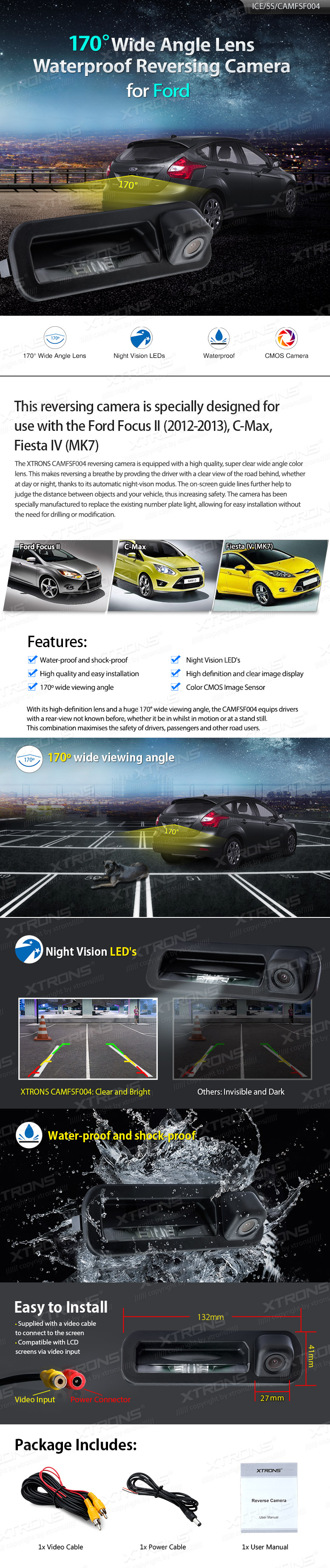 Ford Focus II (2012-2013), C-Max, Fiesta IV (MK7), RCA liitmikuga Xtrons tagurdus / parkimiskaamera multimeedia naviraadiole