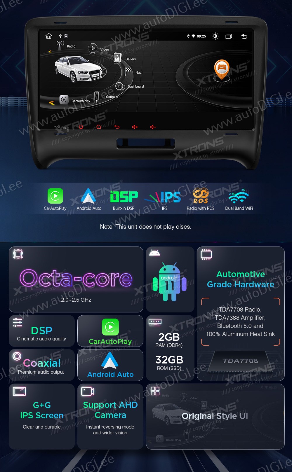 Audi TT (2006-2012)  XTRONS PE82ATTLH merkkikohtainen Android GPS multimedia näyttösoitin