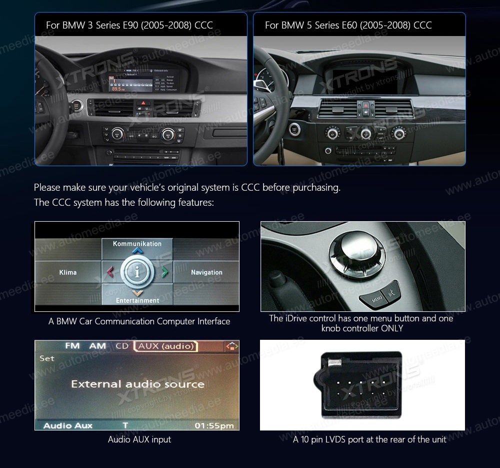 BMW 5.ser | BMW 3.ser | E60 | E61 | E90 | E92 | E93 iDrive CCC (2004-2008)  XTRONS QEB8060CC XTRONS QEB8060CC raadio sobivus autole