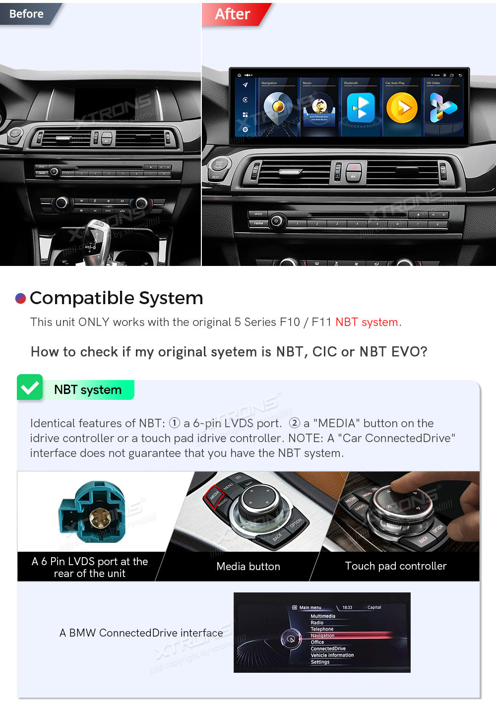 BMW 5. ser. BMW F10 | F11 iDrive NBT (2013-2016)  XTRONS QLB42FVNB merkkikohtainen Android GPS multimedia näyttö