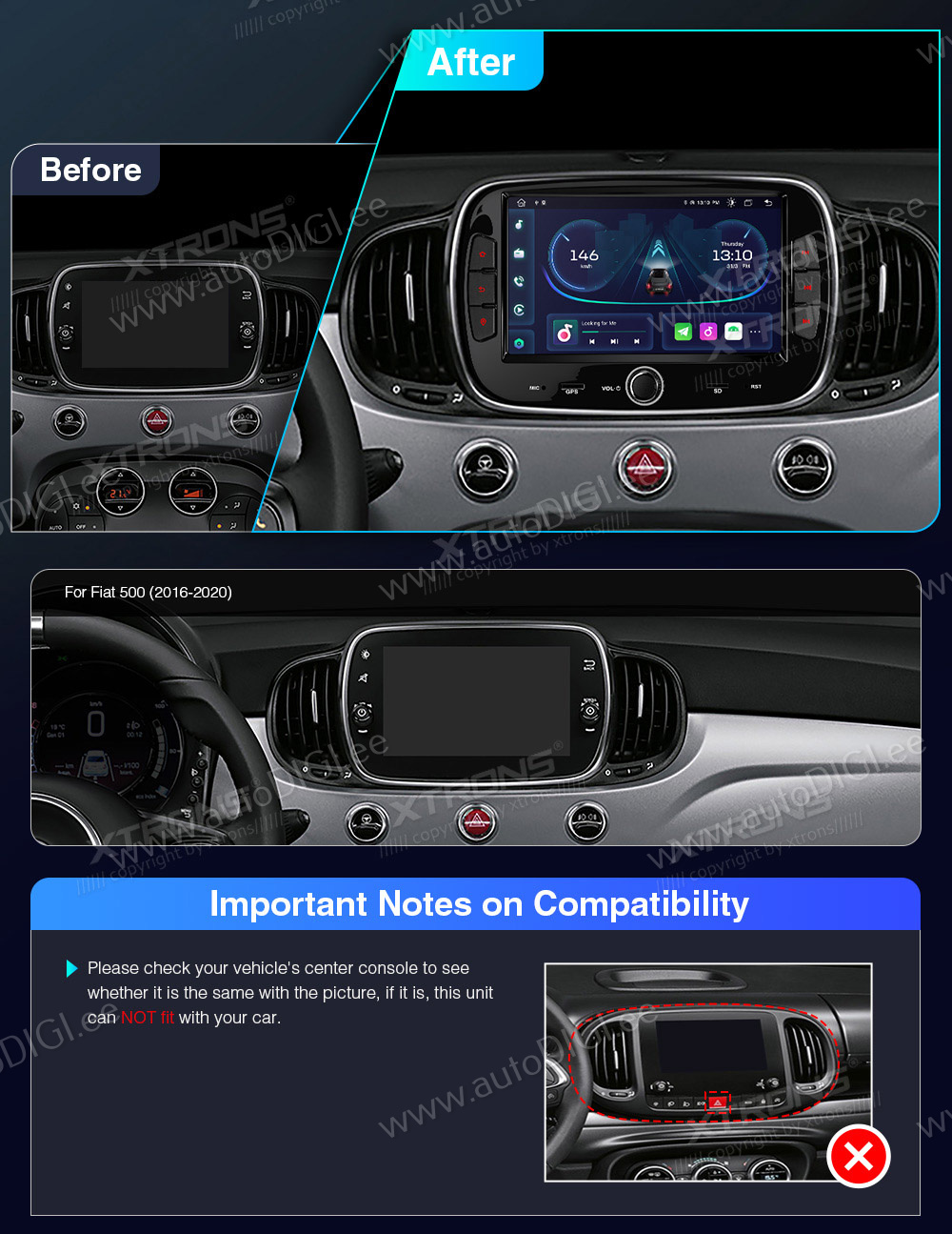 Fiat 500 (2016-2021)  совместимость мультимедийного радио в зависимости от модели автомобиля
