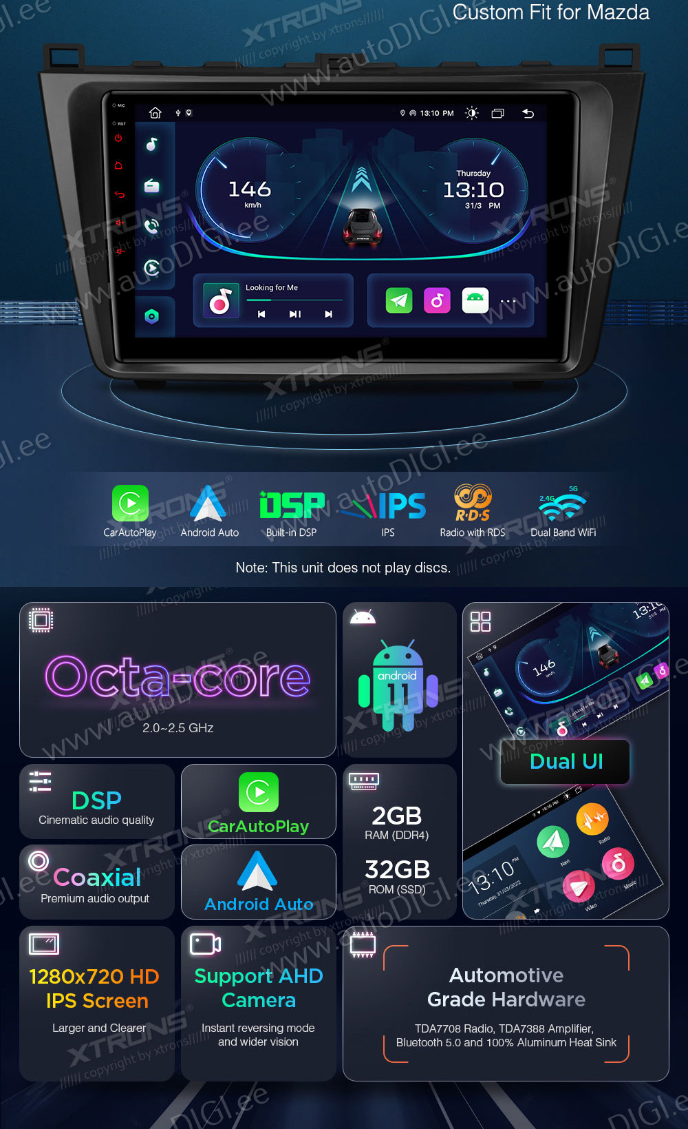 Mazda 6 (2008-2012)  XTRONS PEP92M6M merkkikohtainen Android GPS multimedia näyttösoitin