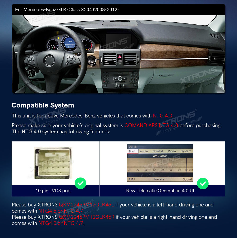 Mercedes-Benz GLK Class X204 | 2008 - 2012 (NTG4.0)  совместимость мультимедийного радио в зависимости от модели автомобиля