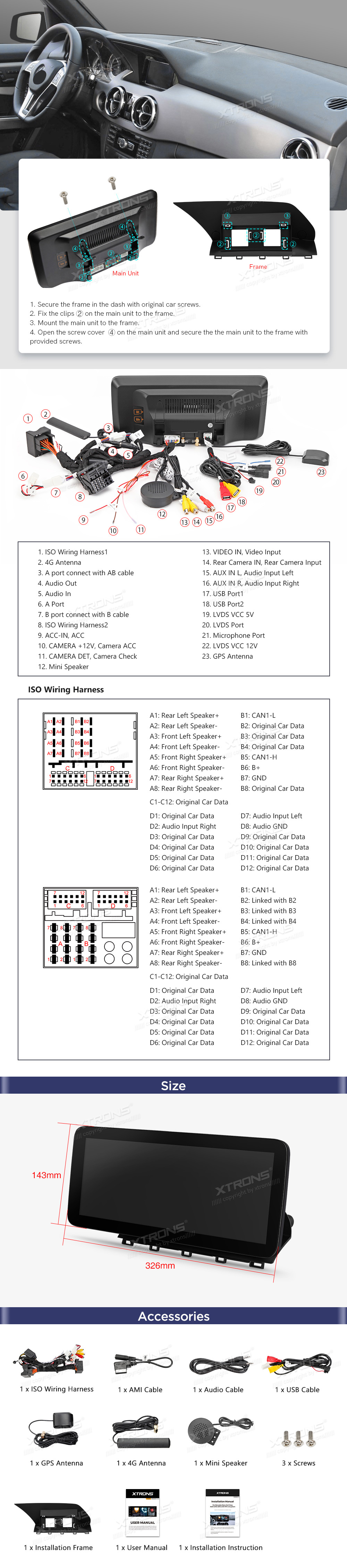 XTRONS QXM2245PM12GLK45L XTRONS QXM2245PM12GLK45L mõõdud ühendamine ja pistikute skeem