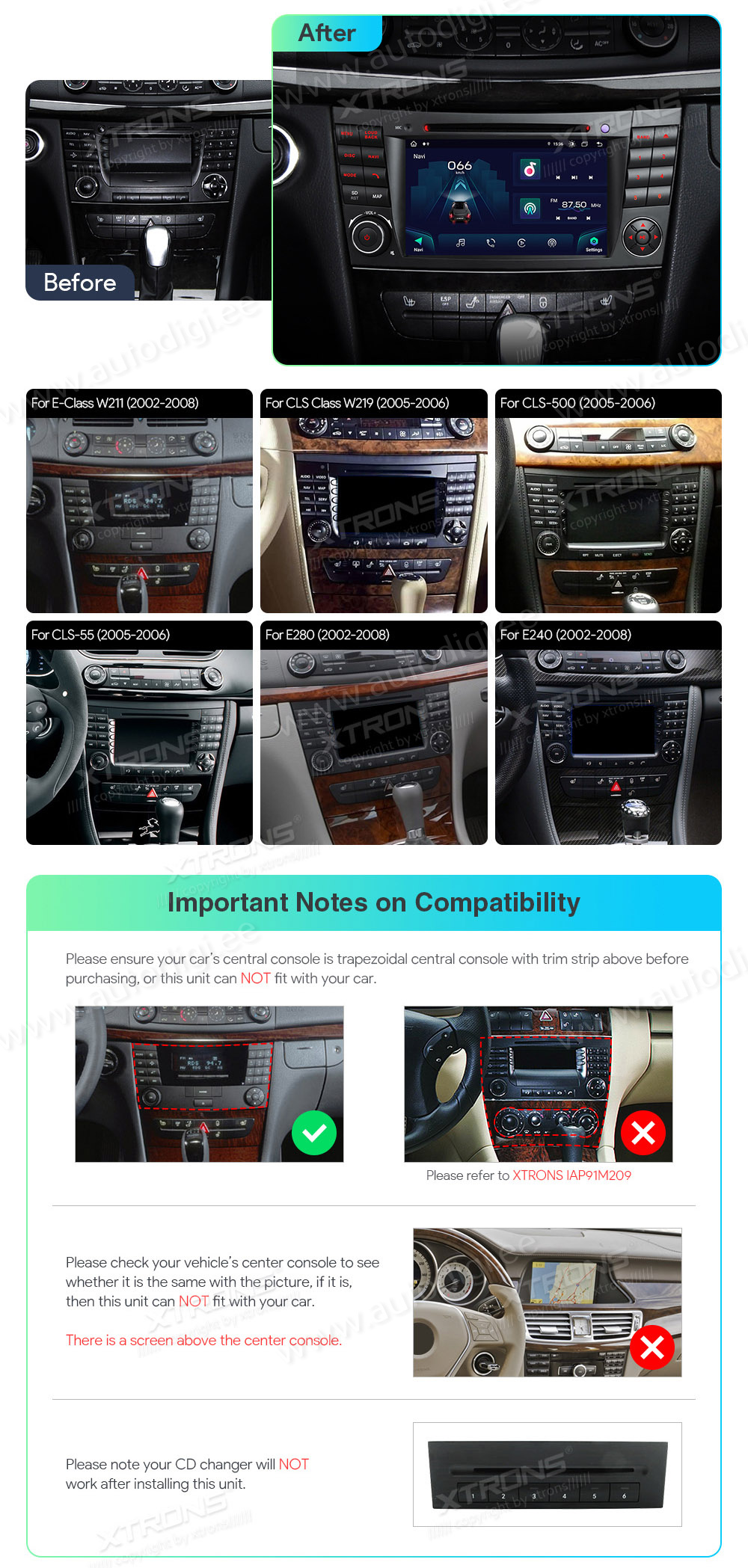 Mercedes-Benz E-Class W211 (2002-2008) | CLS W219 (2005-2006)  совместимость мультимедийного радио в зависимости от модели автомобиля