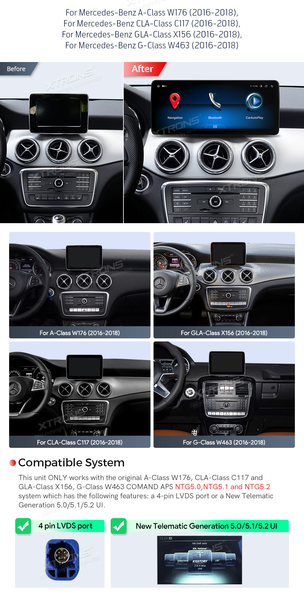 Mercedes-Benz A-Class | GLA | CLA | W176 | C117 | X156 (2016-2018)  совместимость мультимедийного радио в зависимости от модели автомобиля