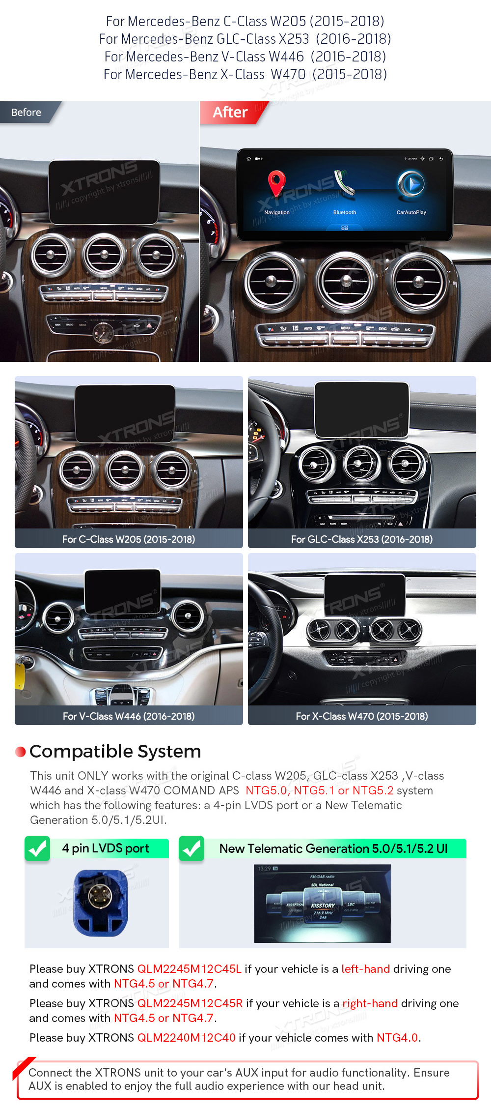 Mercedes-Benz V-Class (2015-2018) | C-Class | GLC | NTG5.0 | NTG5.2  XTRONS QLM2250M12C5 merkkikohtainen Android GPS multimedia näyttö
