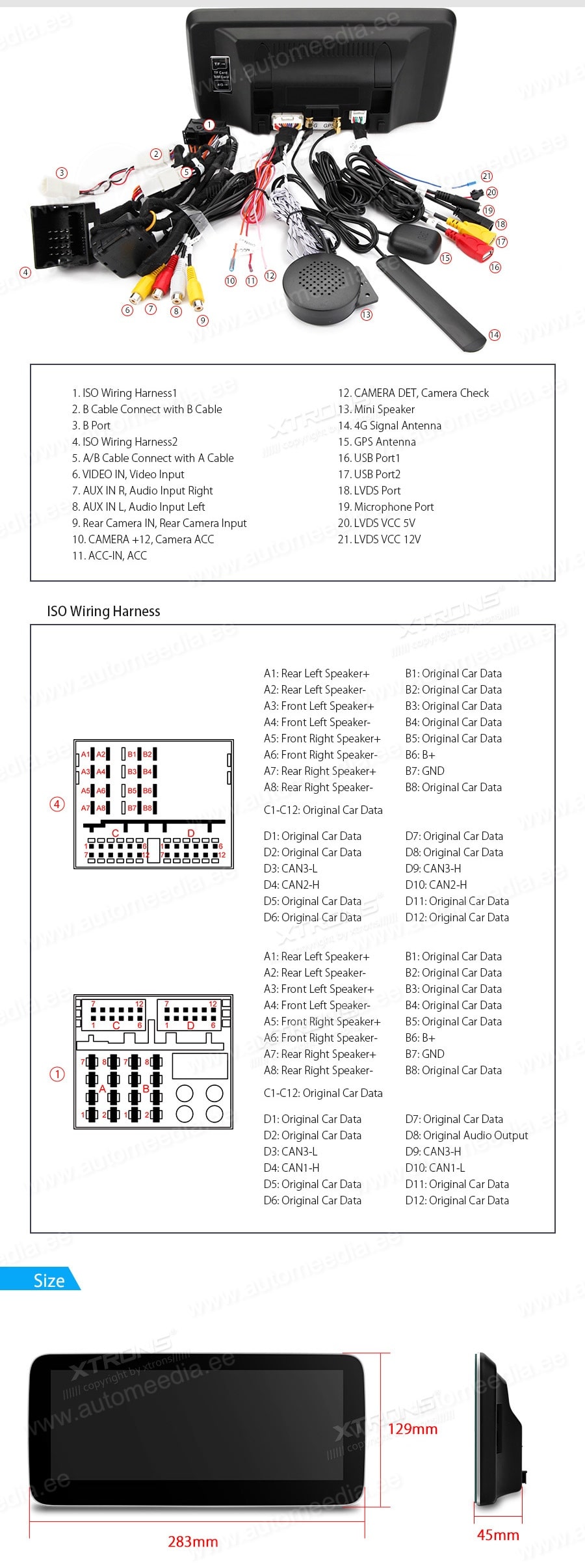 Mercedes-Benz A-Class (2013-2015) | GLA | GLC | W176 | C117 | X156 | NTG4.5 | NTG4.7  XTRONS QM1045AS XTRONS QM1045AS Wiring Diagram and size