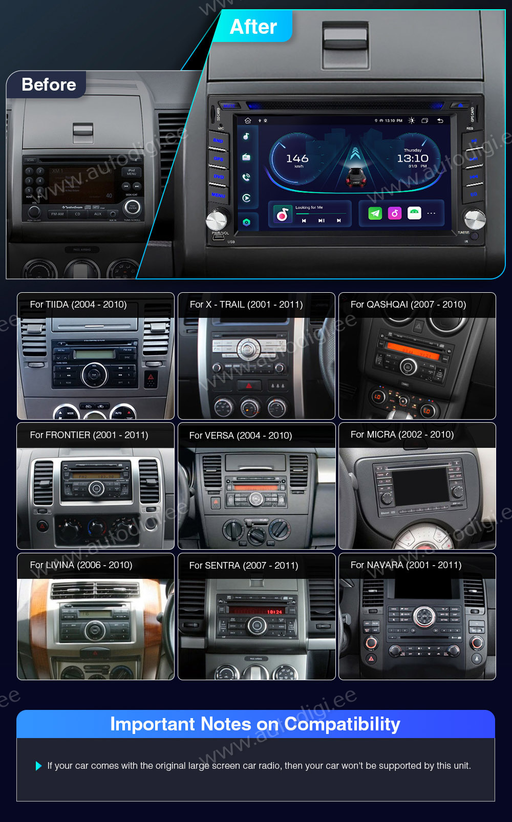 Nissan Qashqai | Juke | Navara | Patrol | 2007-2011  совместимость мультимедийного радио в зависимости от модели автомобиля