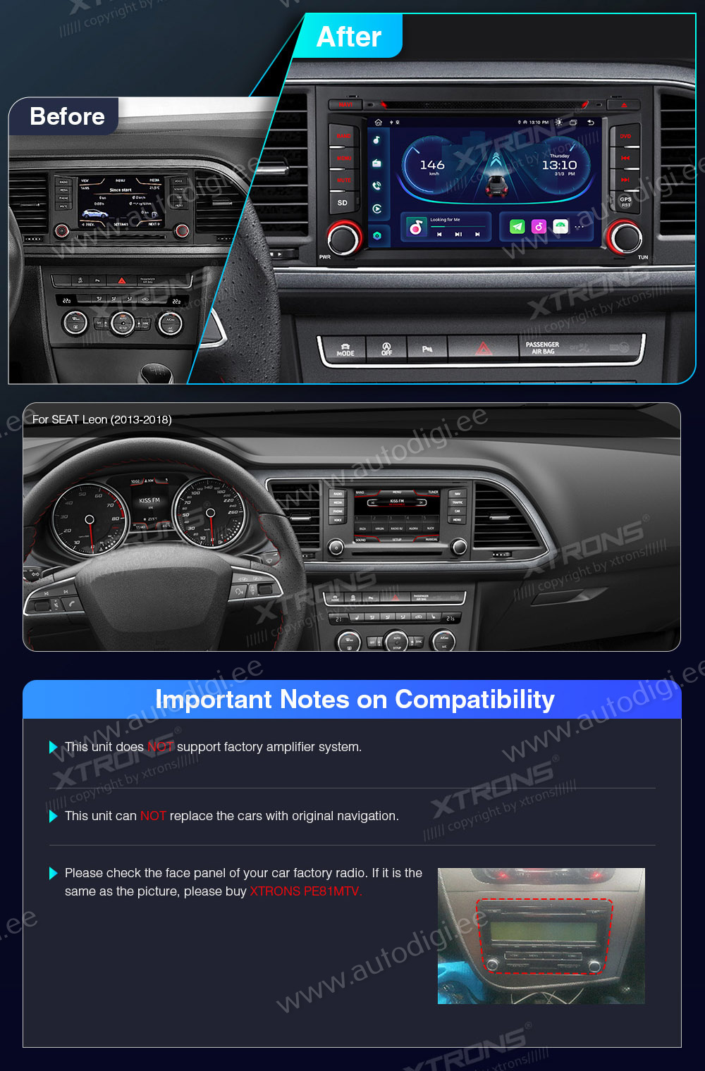 Seat Leon (2012-2019)  совместимость мультимедийного радио в зависимости от модели автомобиля