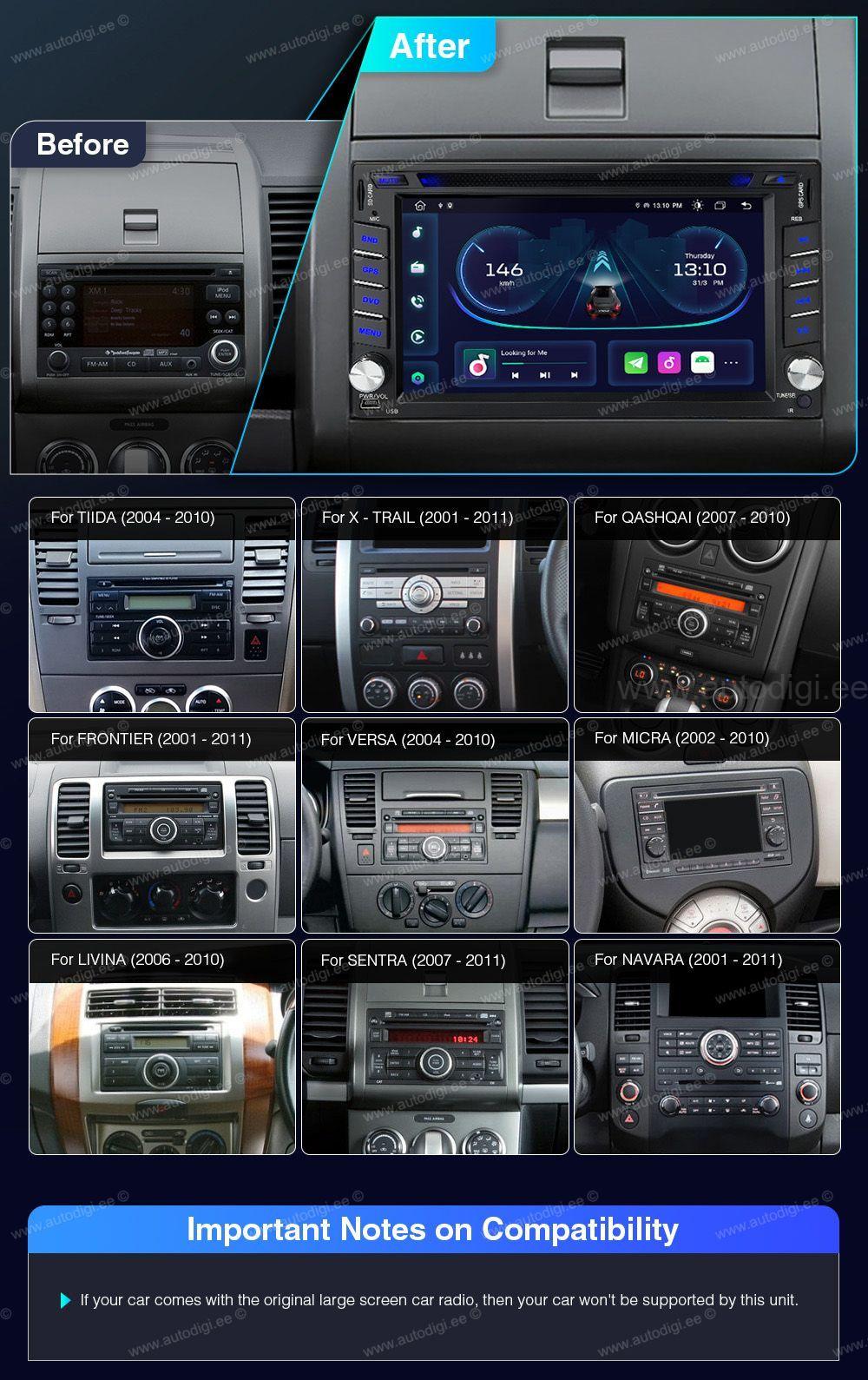 Nissan Qashqai | Juke | Navara | Patrol | 2007-2011  custom fit multimedia radio suitability for the car