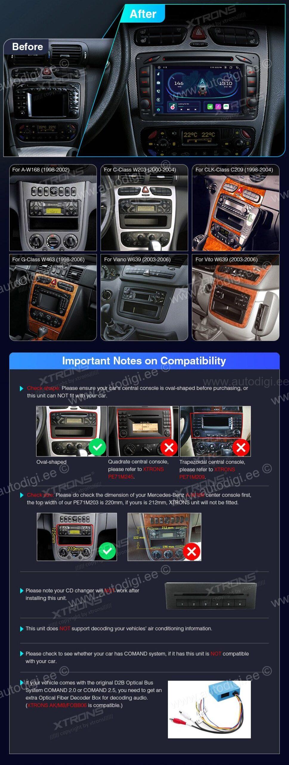 Mercedes-Benz CLK (1998-2004) | C-Class (2000-2004) | G-Class (1998-2006) | Vito & Viano (2003-2006)  custom fit multimedia radio suitability for the car
