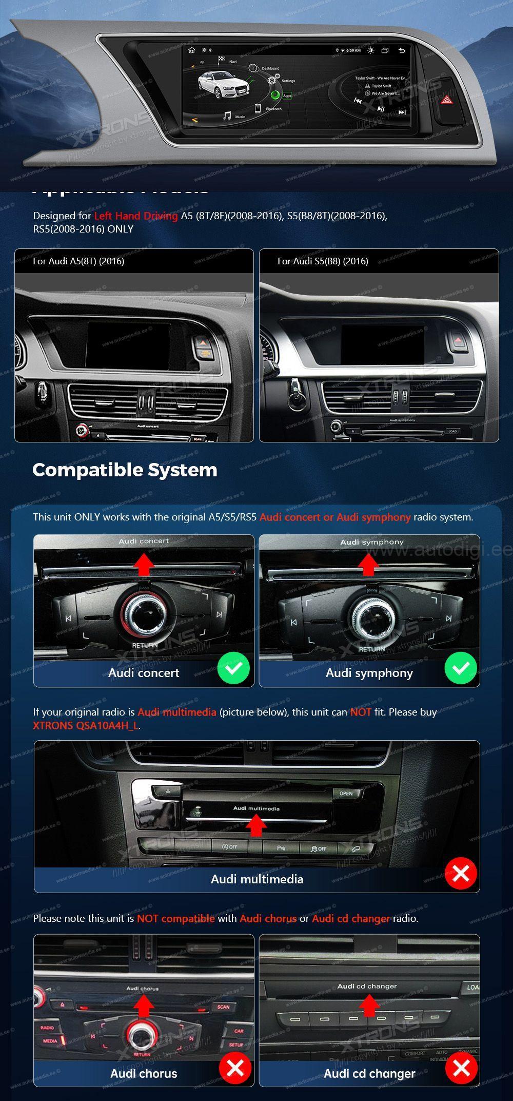 Audi A5 (2008 - 2016) | Audi concert & Audi symphony  custom fit multimedia radio suitability for the car