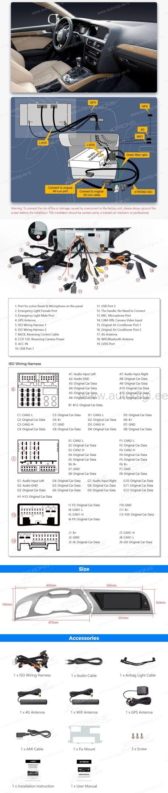XTRONS QEA81UC-A8-A4_L1 XTRONS QEA81UC-A8-A4_L1 mõõdud ühendamine ja pistikute skeem