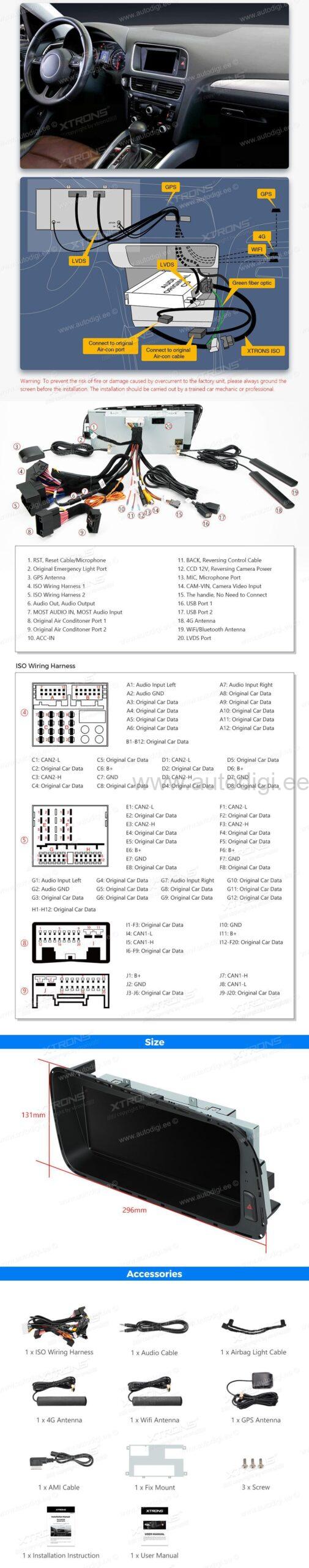 XTRONS QEA81UC-A8-Q5_L XTRONS QEA81UC-A8-Q5_L mõõdud ühendamine ja pistikute skeem