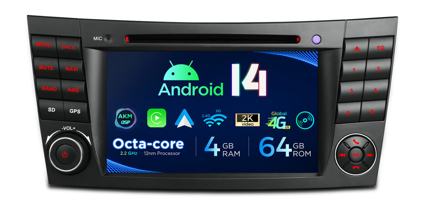 Mercedes-Benz E-Class W211 (2002-2008) | CLS W219 (2005-2006) | Android 14 | 4+64GB | 4G | Gyroscope | CD/DVD | GPS autoraadio ja multimeediakeskus - 4+64GB riistvara ja 7-tolline IPS ekraan