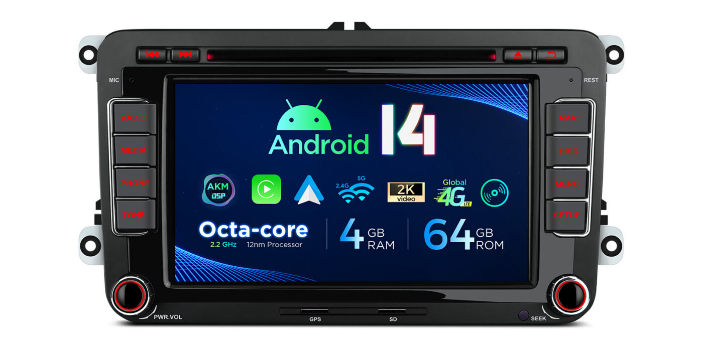 VW Passat B6 | B7 | Multivan | Transporter T5 | T6 | Amarok | Tiguan | Touran | Sharan | Android 14 | 4+64GB | 4G | Gyroscope | CD/DVD | GPS autoraadio ja multimeediakeskus - 4+64GB riistvara ja 7-tolline IPS ekraan