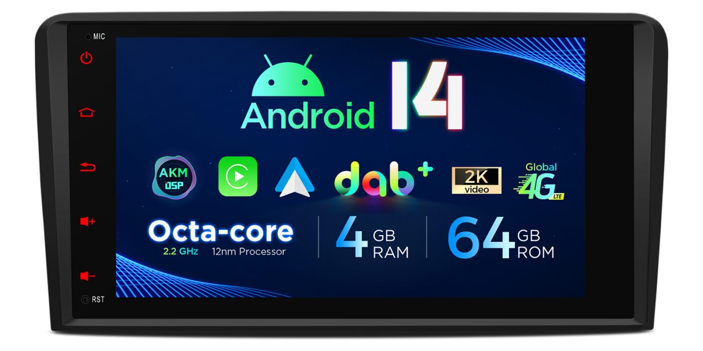 Audi A3 (2003-2012) | Android 14 | 4+64GB | 4G | Gyroscope | DAB+ | GPS autoraadio ja multimeediakeskus - 4+64GB riistvara ja 8.8-tolline IPS ekraan